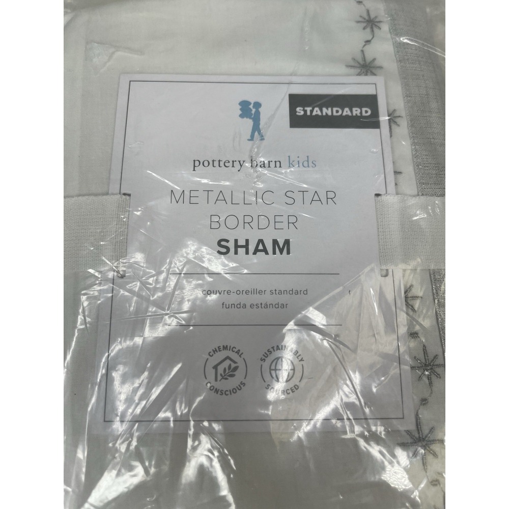 New Pottery Barn Kids METALLIC STAR BORDER Standard SHAM‎ Silver White Holiday